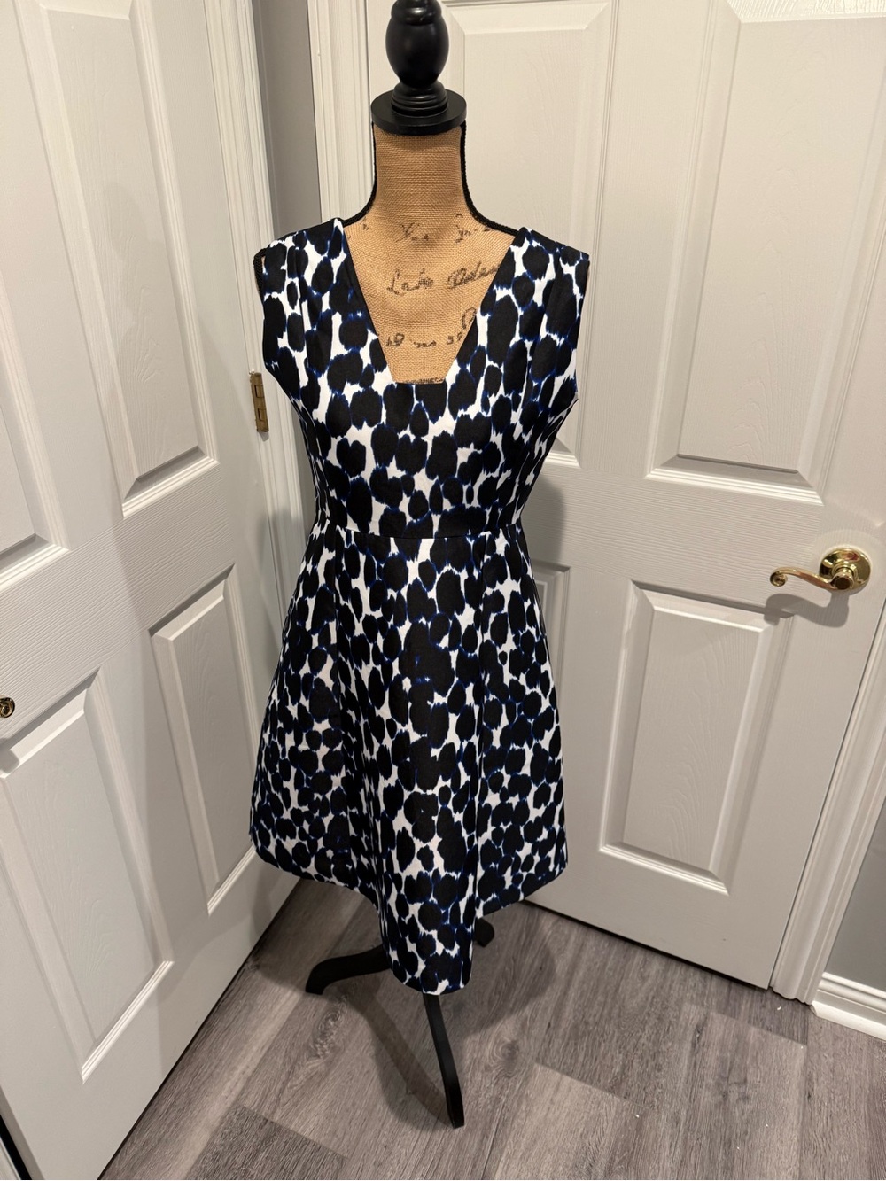 Kate Spade New York Black, White & Navy Leopard Fit and Flare V-Neck Dress